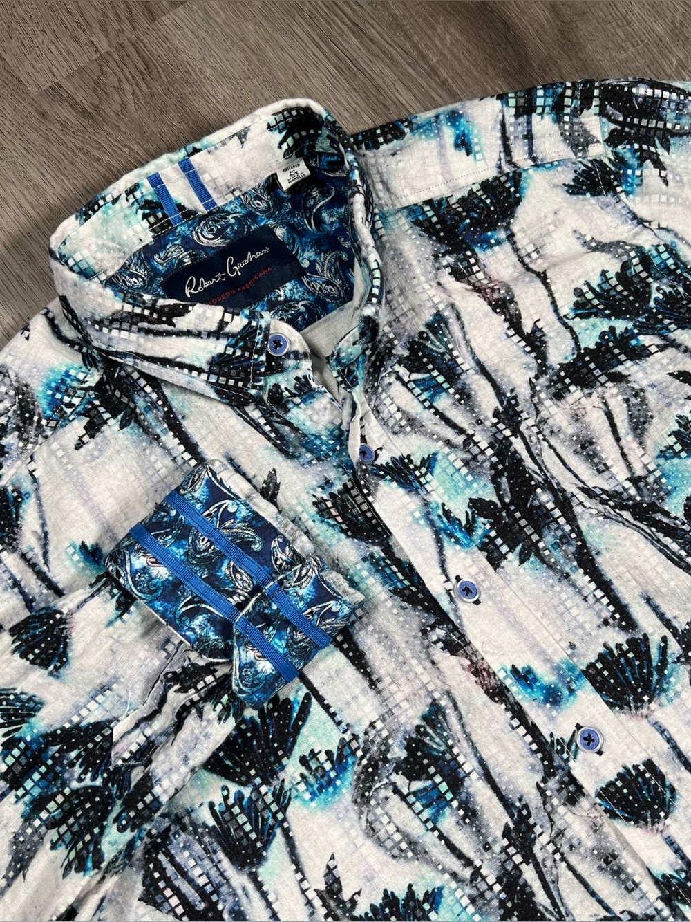 Robert Graham Mahoney Long Sleeve Floral Woven Shirt Linen Mens M Flip Cuffs